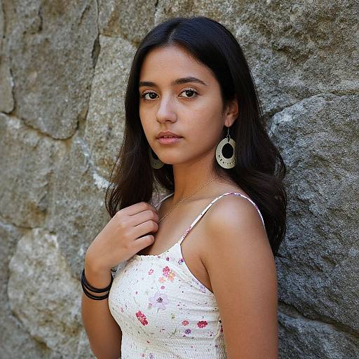 Portrait of Young Woman in Floral Dress Against Stone Wall