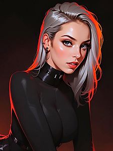 Digital Art of Woman in Black Latex with Silver Hair and Red Backlight