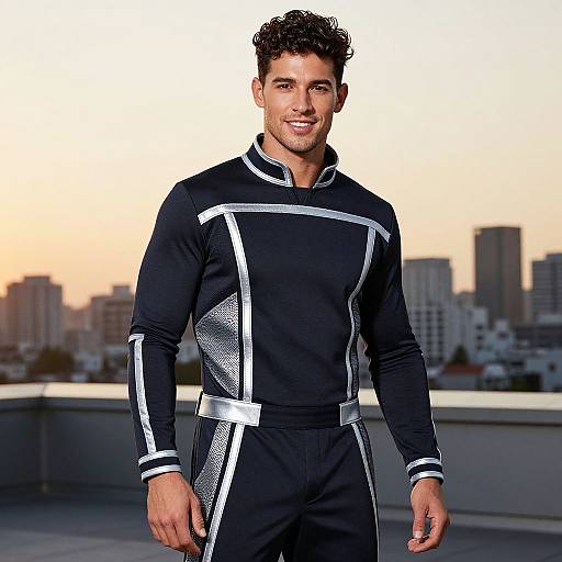 Man in Futuristic Black and Silver Outfit on City Rooftop at Sunset