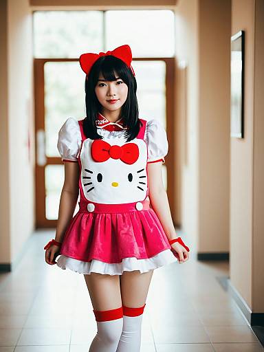 Hello Kitty Cosplay Outfit on Young Woman in Hallway