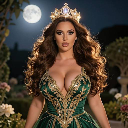 Majestic Woman in Emerald Green Gown with Gold Embroidery and Crown under Full Moon