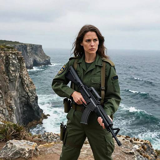 Woman Soldier Standing Guard with Rifle on Rocky Coastal Cliff