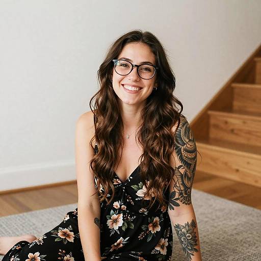 Smiling Woman with Floral Dress and Tattoos Sitting Indoors