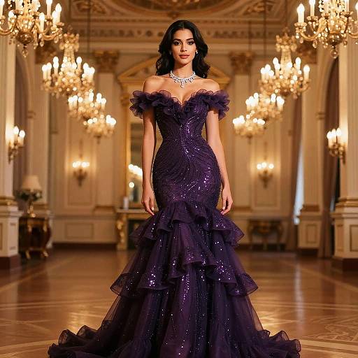Elegant Woman in Purple Sequin Ruffled Evening Gown in Luxurious Ballroom