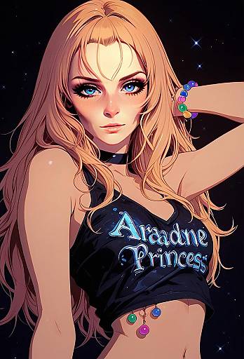 Anime Style Blonde Woman with Ariadne Princess Crop Top and Colorful Accessories