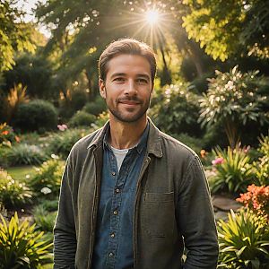 Confident Man in Lush Garden with Sunlight