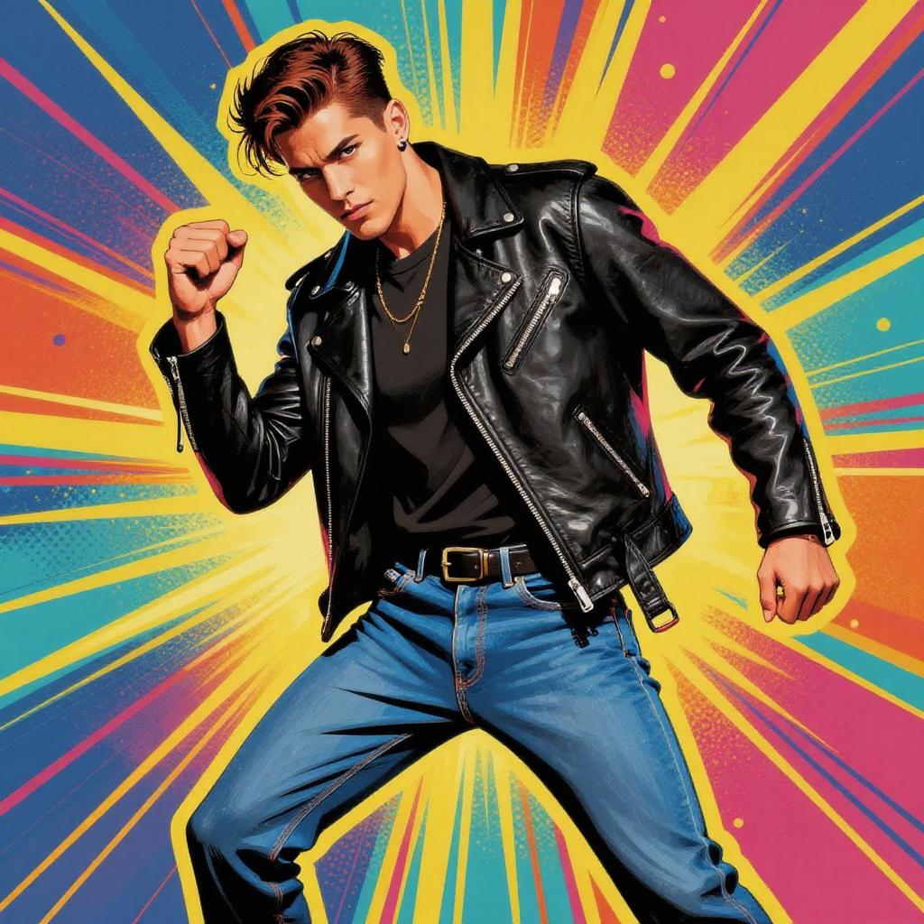 Dynamic Gen Z Man in Leather Jacket with Retro Pop Art Background