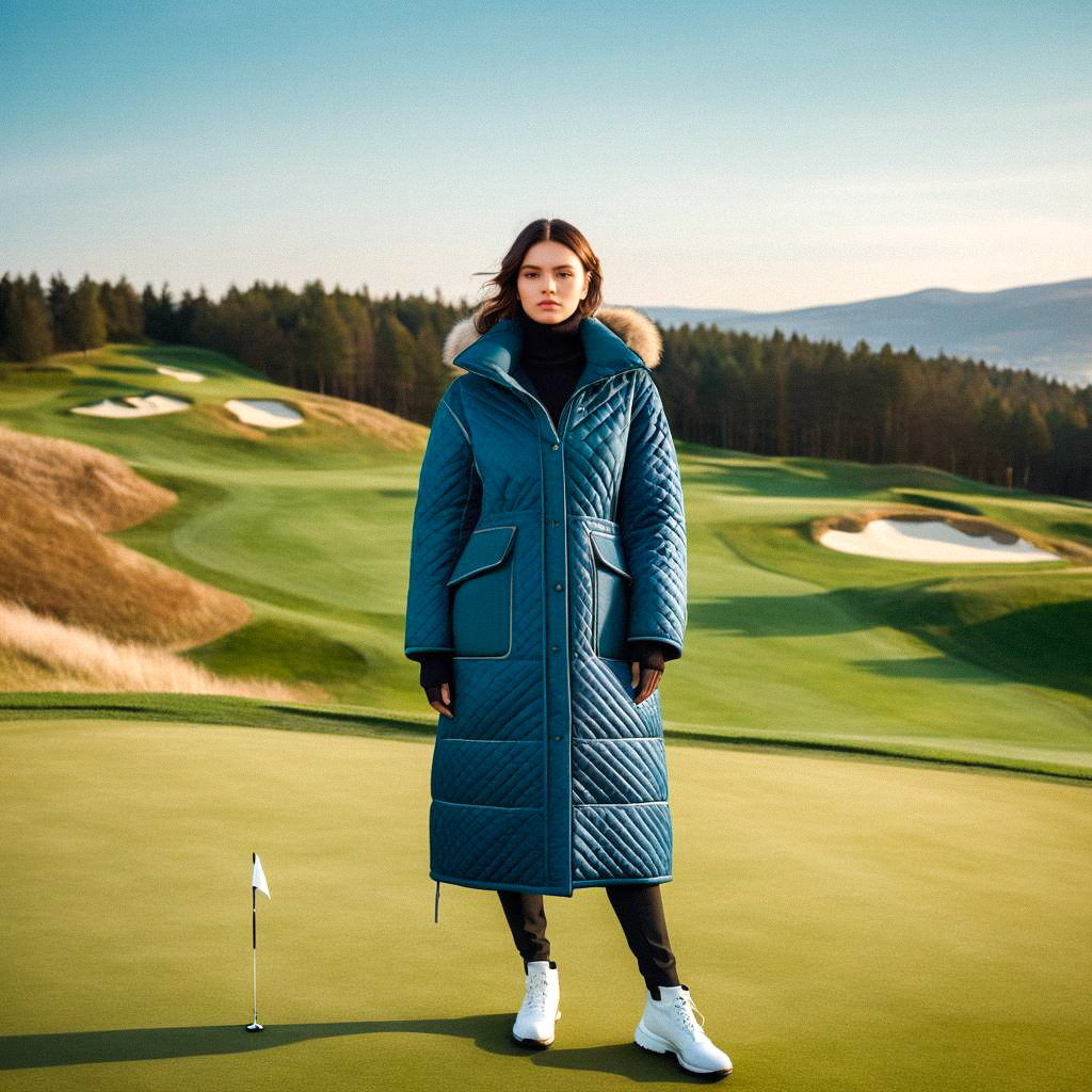 Stylish Woman in Teal Puffer Coat on Golf Course