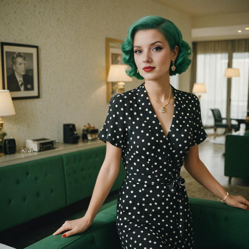 Vintage Woman with Turquoise Hair in Polka-Dotted Dress