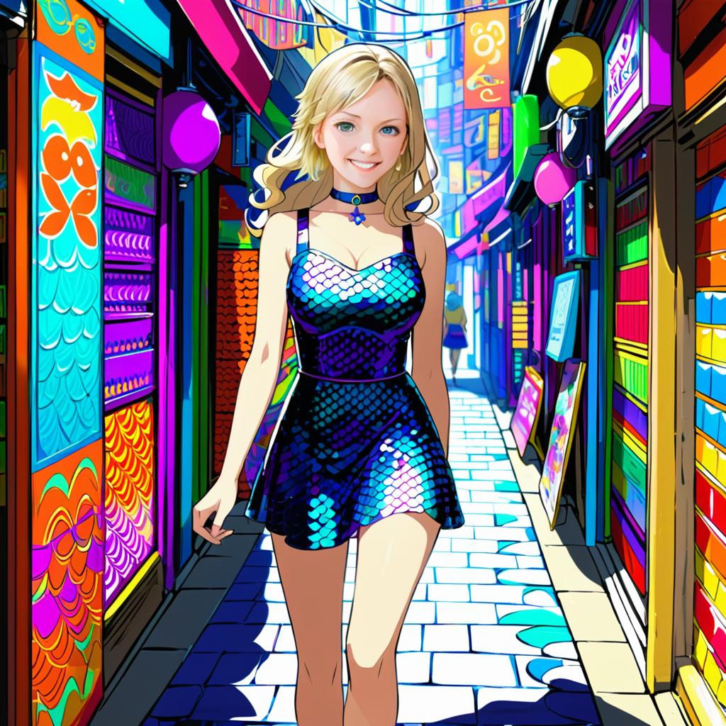 Anime Woman in Iridescent Dress in Vibrant City