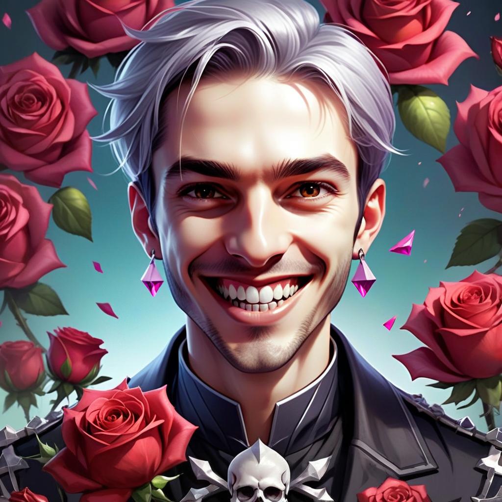 Digital Portrait of Smiling Silver-Haired Man Surrounded by Red Roses