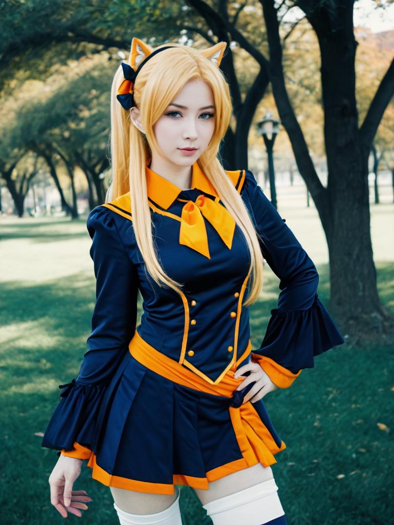 Sexy Sena Character Cosplay Woman in Navy Blue and Orange Costume