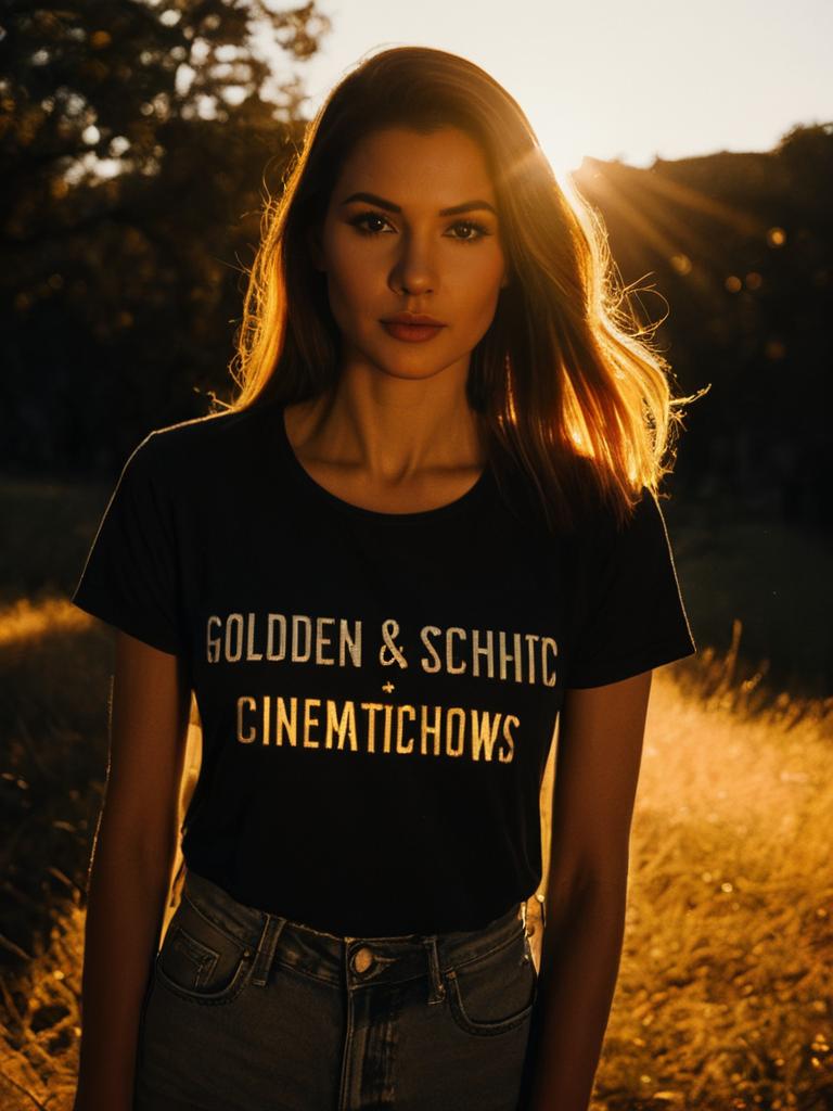 Woman Wearing Casual Graphic T-Shirt with Slogan in Golden Hour Light