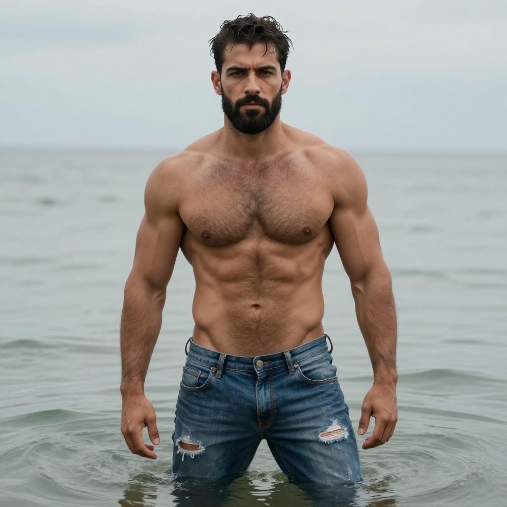 Muscular Man Standing in Water Wearing Ripped Jeans