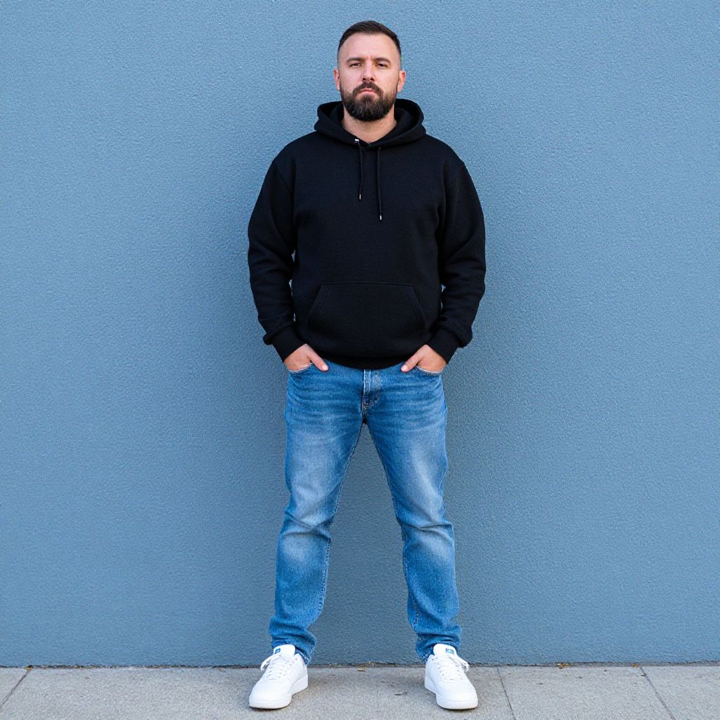 Casual Man in Black Hoodie and Jeans Against Blue Wall