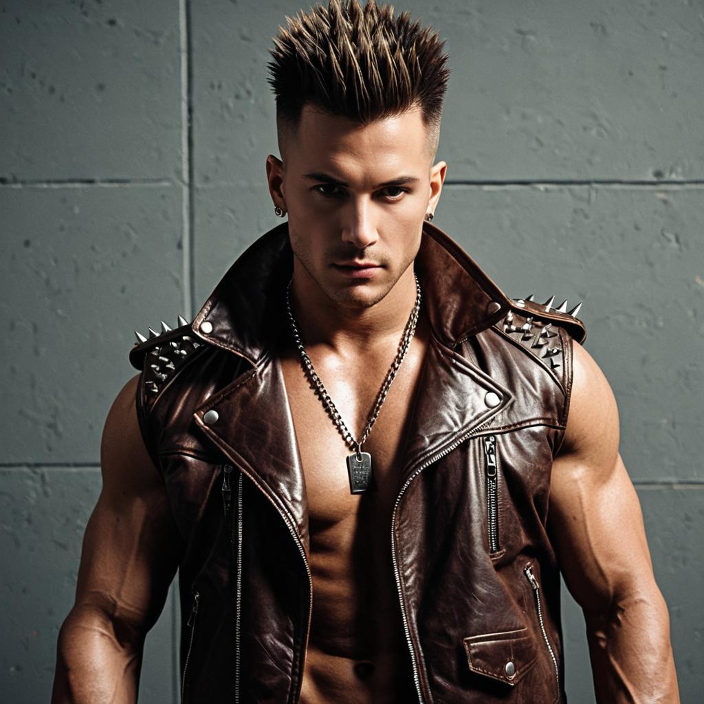 Edgy Muscular Man in Spiked Brown Leather Vest with Dog Tag Necklace