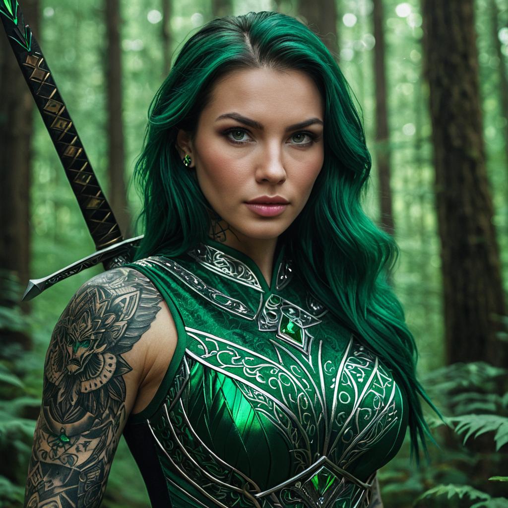 Close Up of Tattooed Beautiful Russian Woman Warrior in Emerald Green Armor with Sword