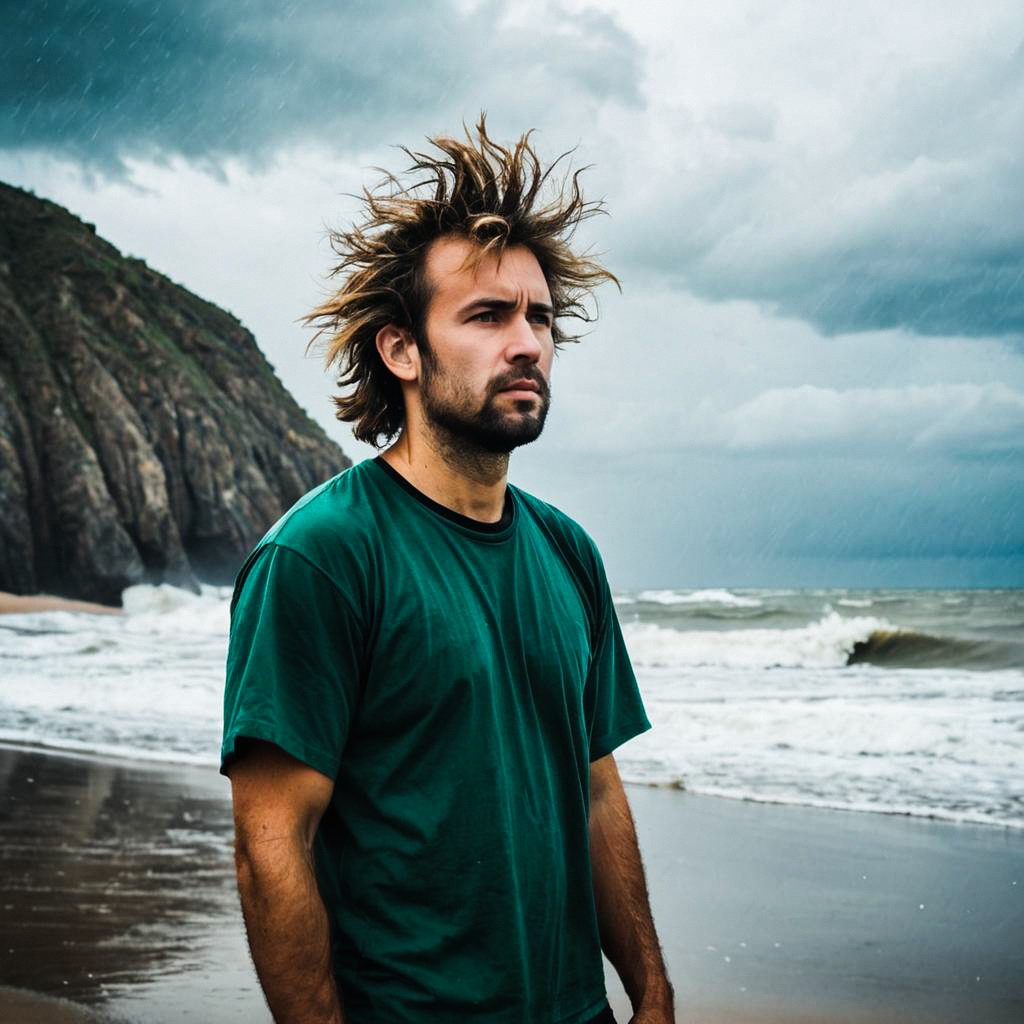 Contemplative Man on Stormy Beach