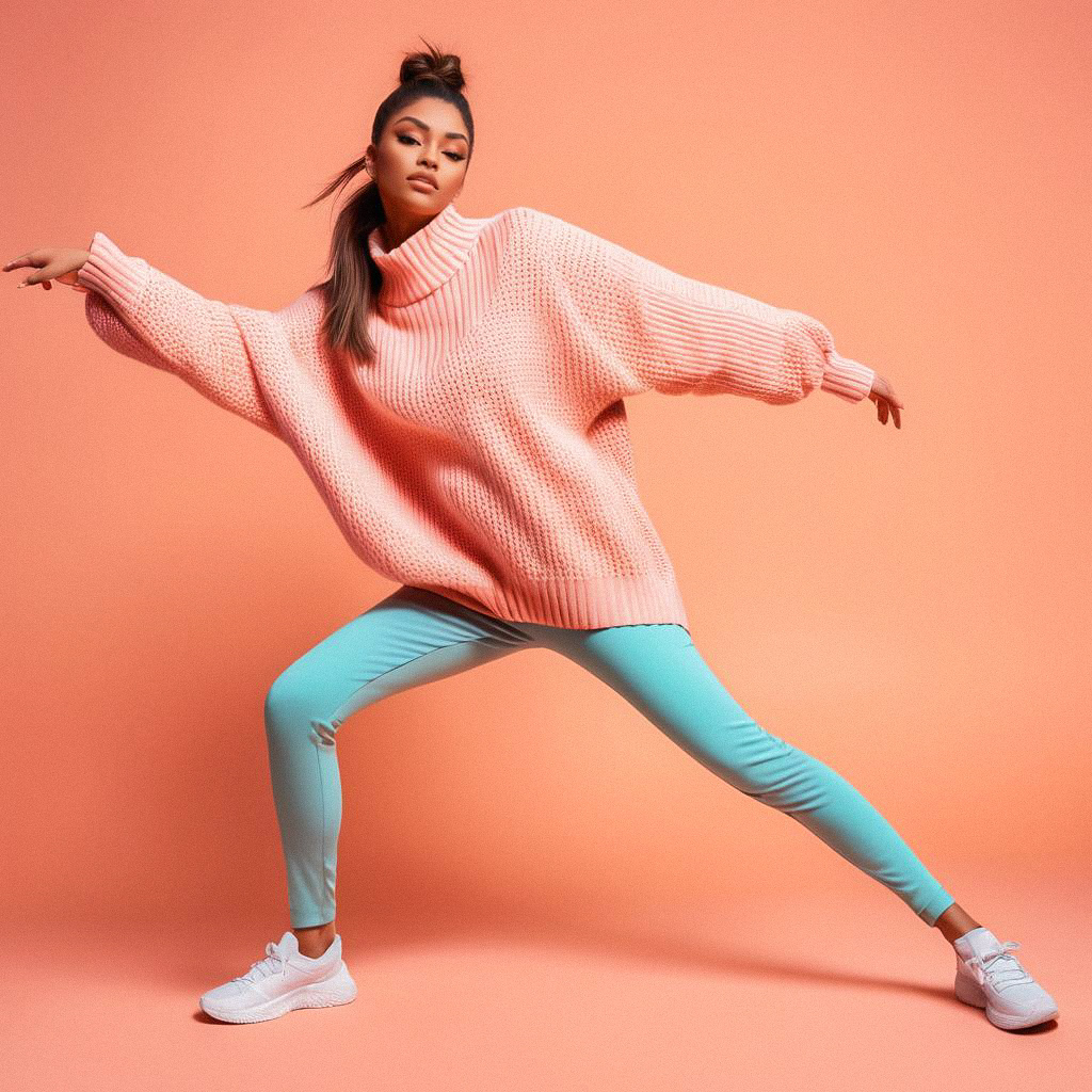 Stylish Woman in Oversized Sweater and Colorful Leggings