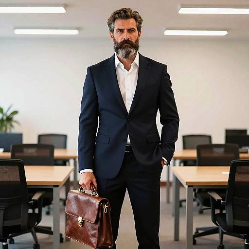 Confident Mature Businessman in Navy Suit with Leather Briefcase in Modern Office