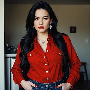 Confident Woman in Red Shirt and Denim