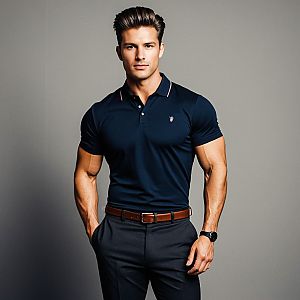 Confident Young Man in Navy Polo and Dark Trousers