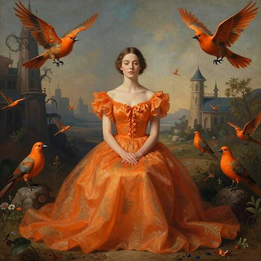 Woman in Orange Gown Surrounded by Vibrant Orange Birds in Classic Landscape