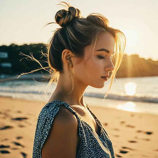 Young Woman on Beach at Golden Hour with Messy Bun Hairstyle