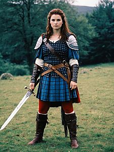 Woman in Braveheart Inspired Medieval Cosplay Costume Holding Sword Outdoors