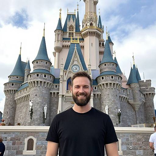 Man Smiling in Front of Fairytale Castle with Blue Roofs