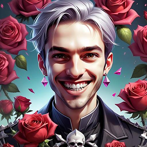 Digital Portrait of Smiling Silver-Haired Man Surrounded by Red Roses
