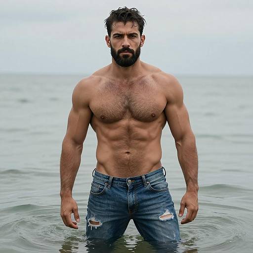 Muscular Man Standing in Water Wearing Ripped Jeans
