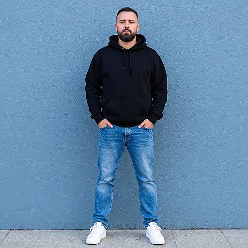 Casual Man in Black Hoodie and Jeans Against Blue Wall