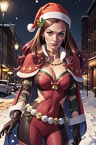 Festive Woman in Christmas Costume Digital Art with Santa Hat