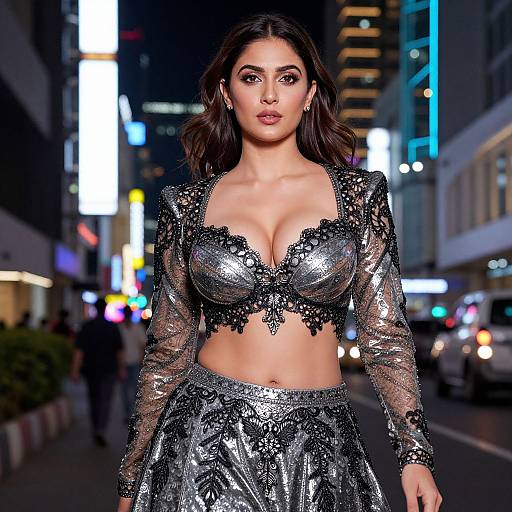 Woman in Glamorous Shimmering Silver and Black Embroidered Outfit on City Night Street