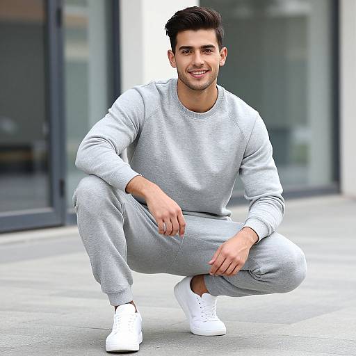 Young Man in Gray Tracksuit and White Sneakers Outdoors