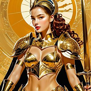 Confident Woman Warrior in Golden Armor