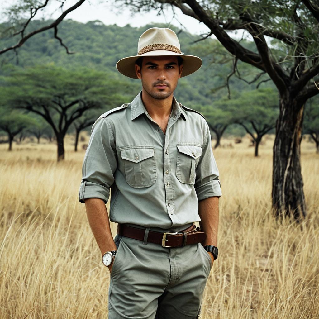 Man in Safari Outfit Standing in African Savannah Grassland