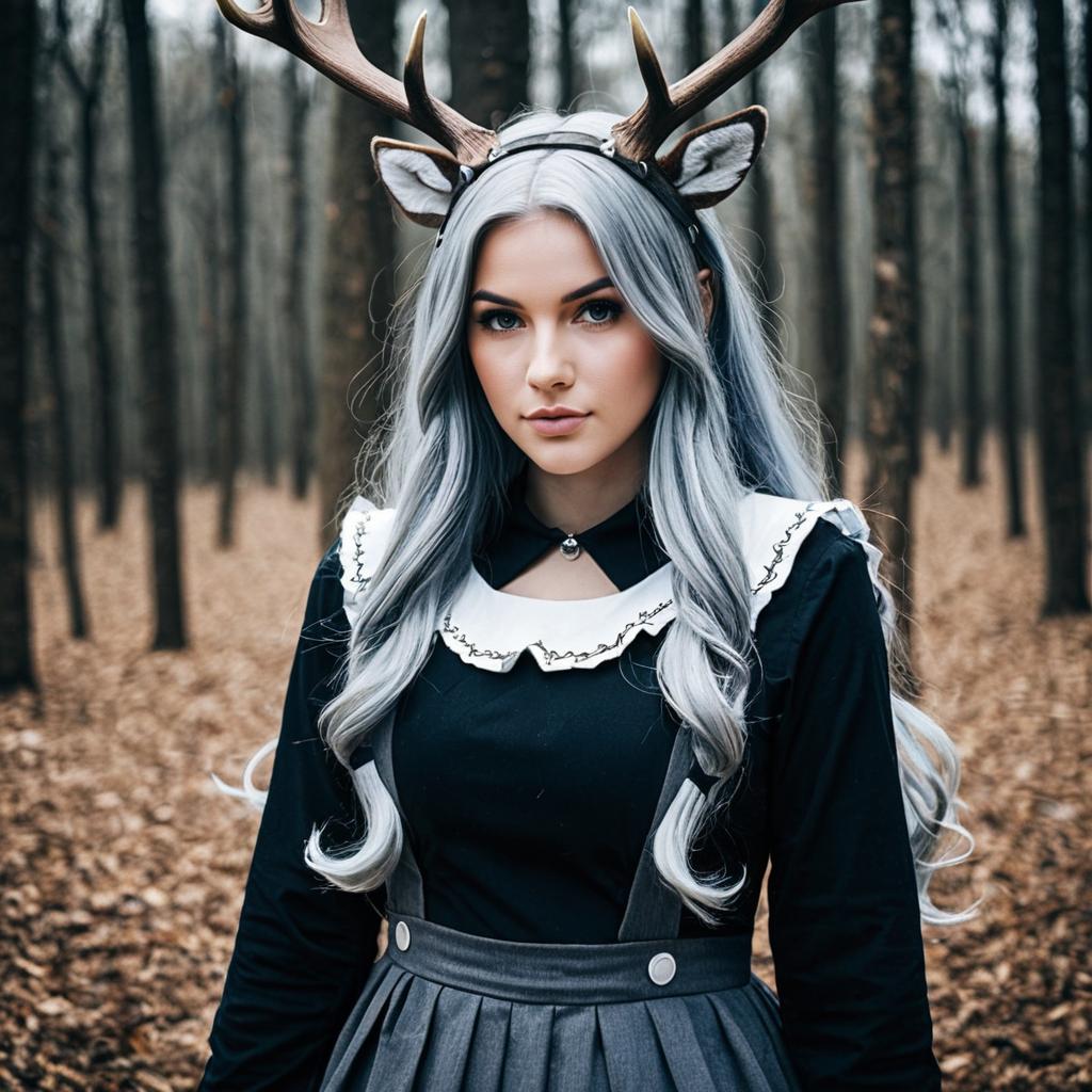 Woman in Silver Hair and Antler Headband in Forest Autumn Cosplay