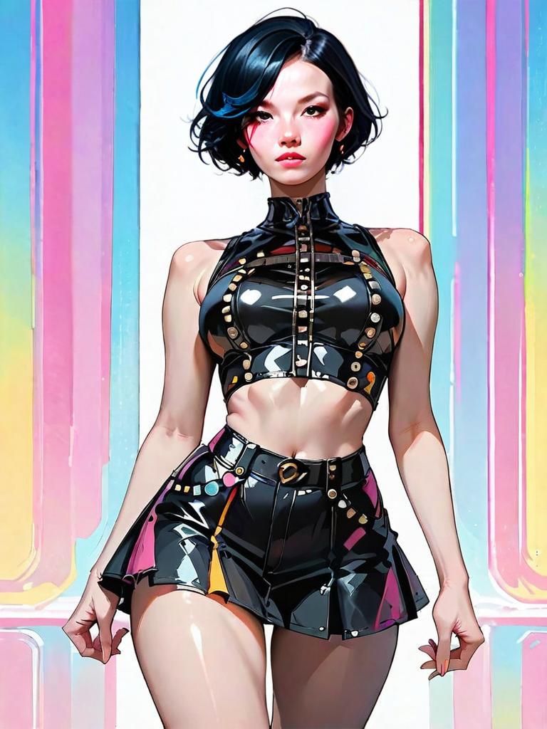 Realistic Woman in Vibrant Red Latex Crop Top and Sleeveless Design