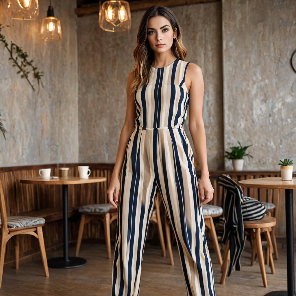 Woman in Blue and Beige Striped Jumpsuit