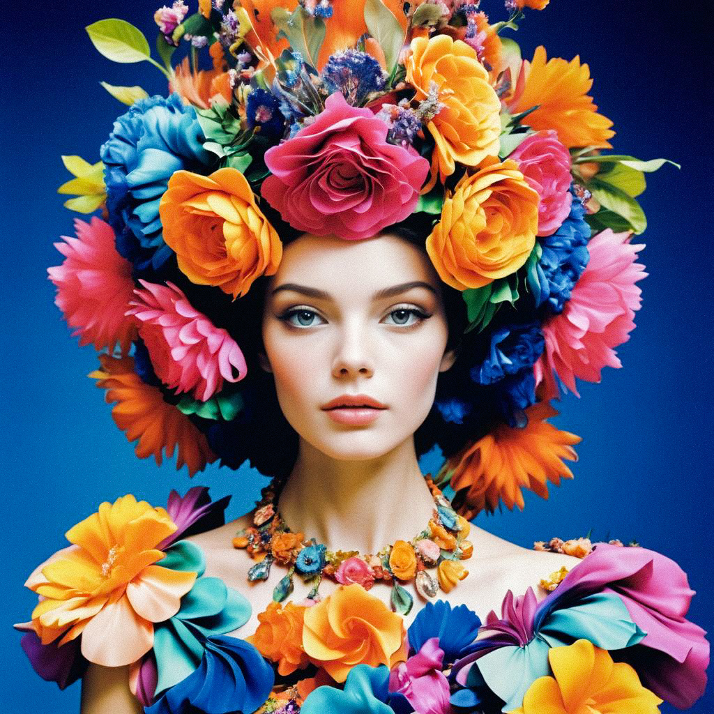 Woman with Floral Headdress and Colorful Outfit