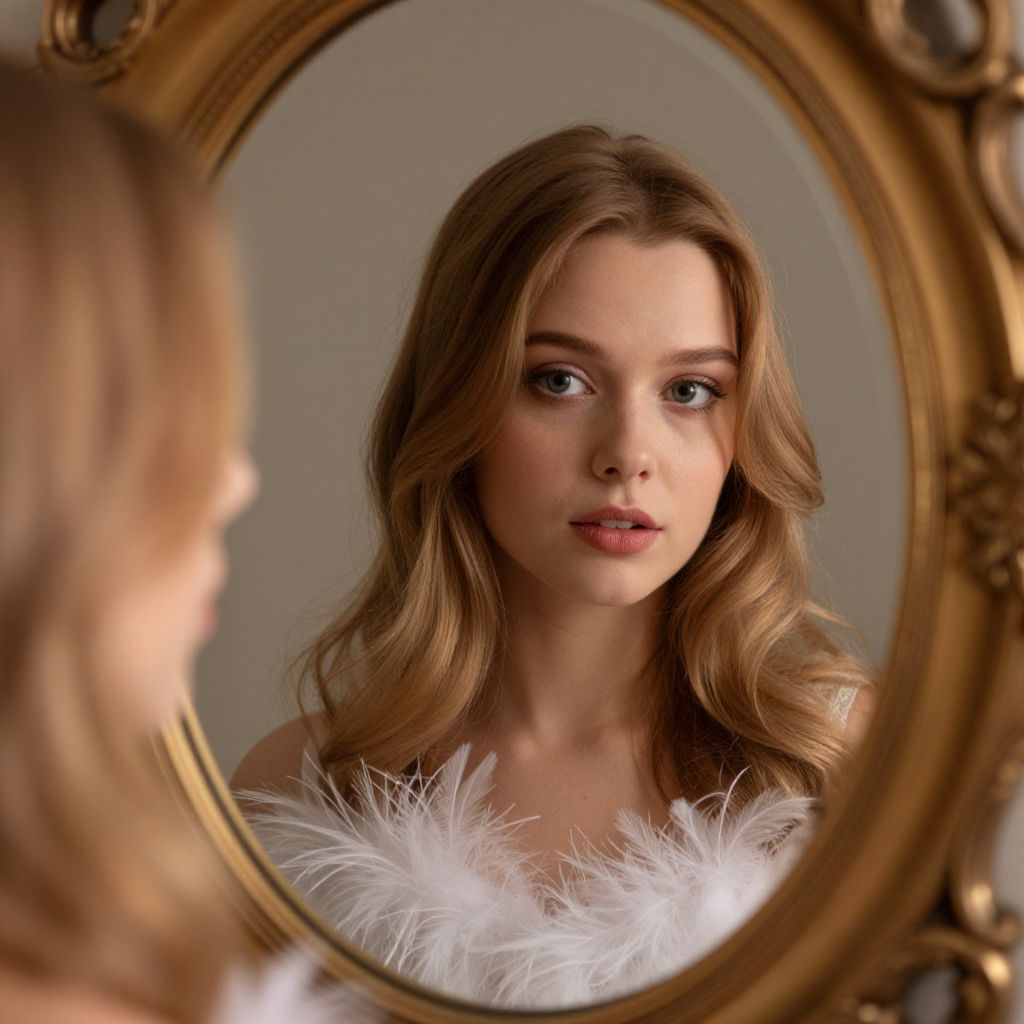 Young Blonde Woman Reflecting in Vintage Ornate Mirror