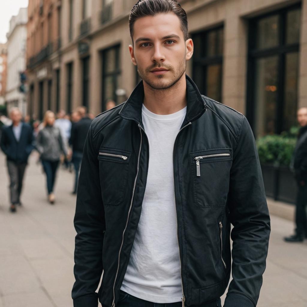 Stylish man in modern jacket on city street