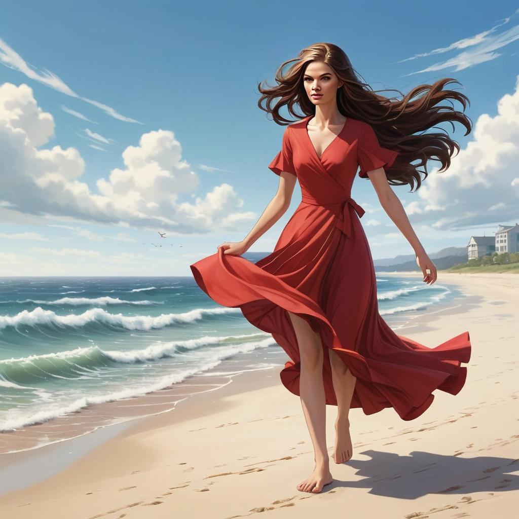 Woman in Red Dress on Sandy Beach