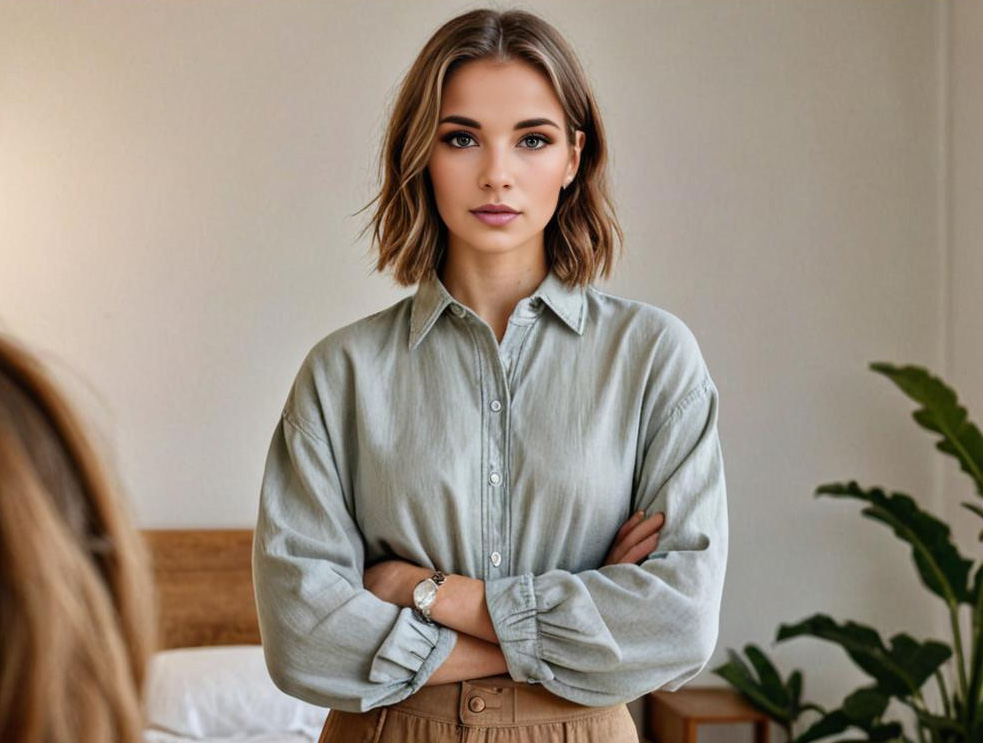 Woman in sage green shirt with wristwatch