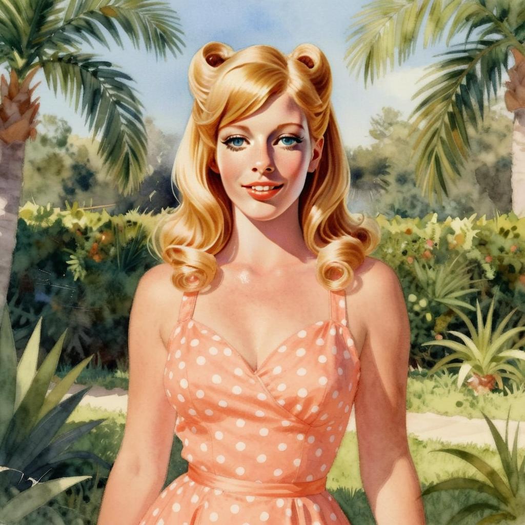 Vintage Pin-Up Woman in Pink Polka Dot Dress in Tropical Garden