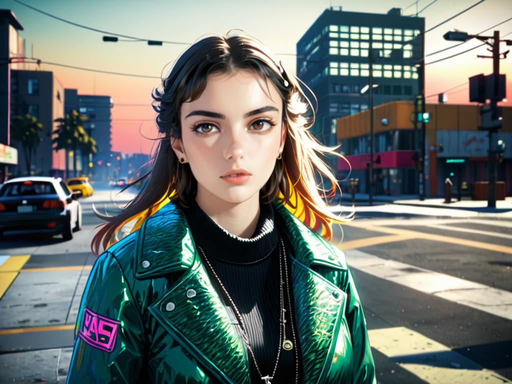 Anime-styled woman in urban golden hour