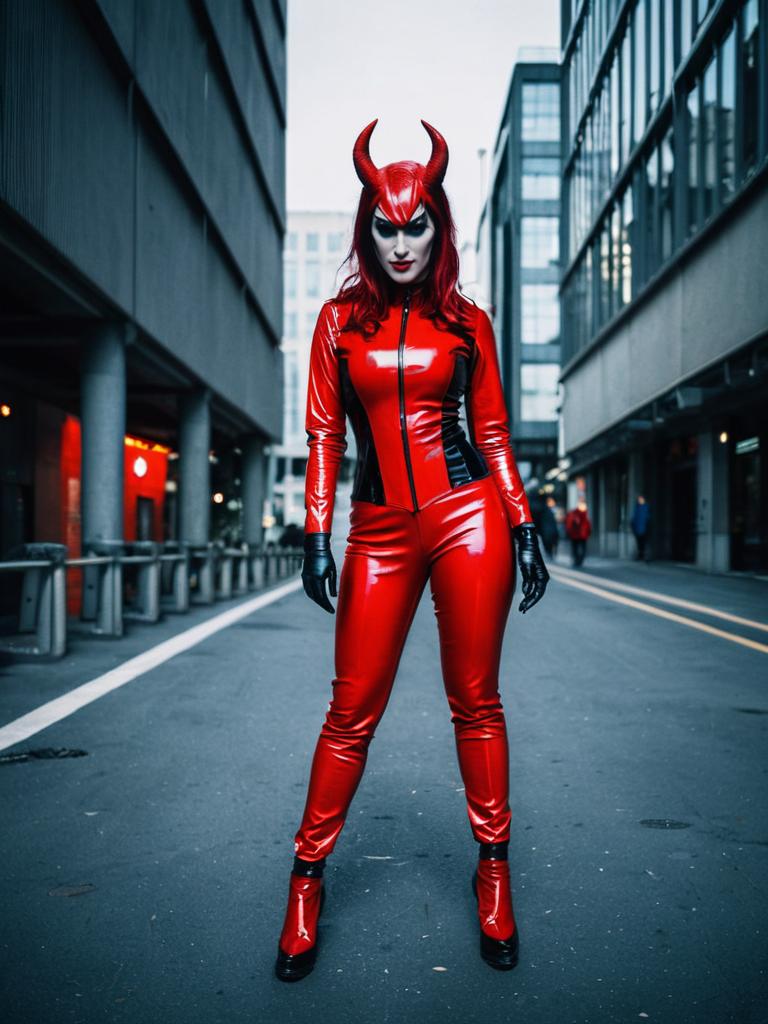 Woman in Red Latex Devil Costume Full Body Cosplay Photo Urban Setting