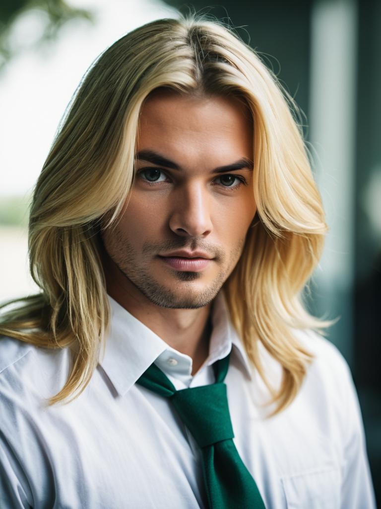 Alkaid McGrath Portrait with Long Blonde Hair and Green Tie